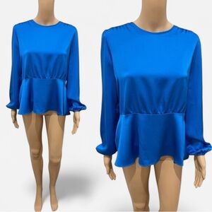 Ann Taylor Blue Peplum Blouse with Long Sleeves XS